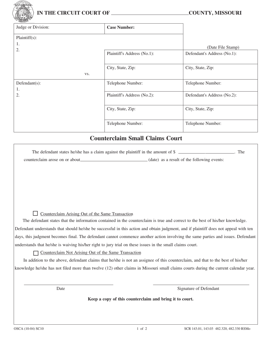 Form SC10 Counterclaim Small Claims Court - Missouri, Page 1