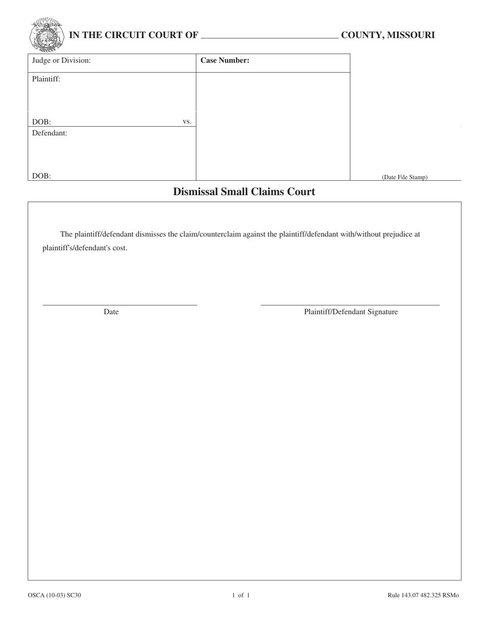 Form SC30 Dismissal Small Claims Court - Missouri, Page 1