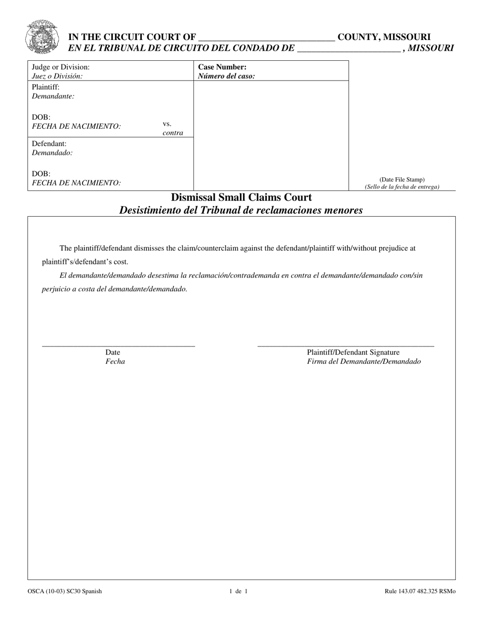 Form SC30 Dismissal Small Claims Court - Missouri (English / Spanish), Page 1
