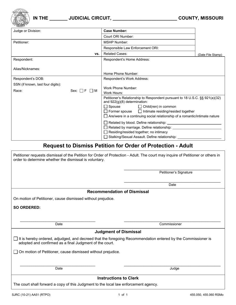 Form AA51 Request to Dismiss Petition for Order of Protection - Adult - Missouri, Page 1