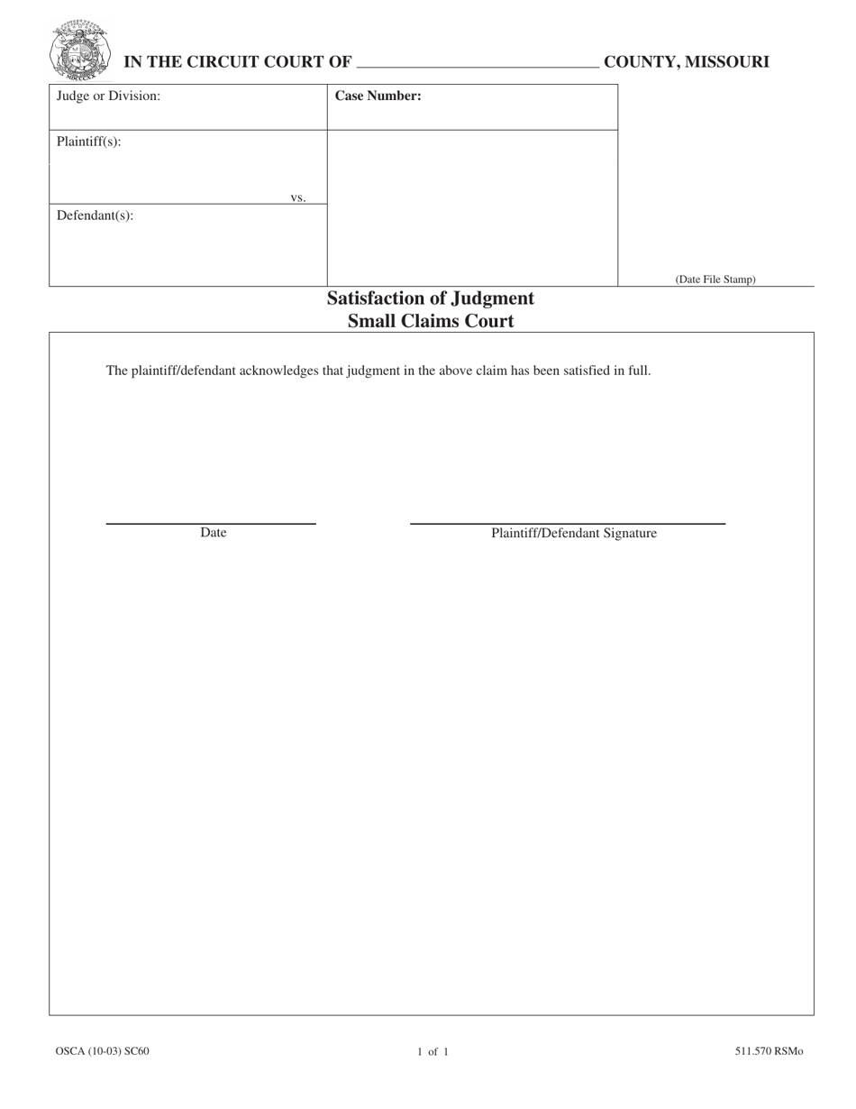 Form Sc60 Download Fillable Pdf Or Fill Online Satisfaction Of Judgment Small Claims Court 2257