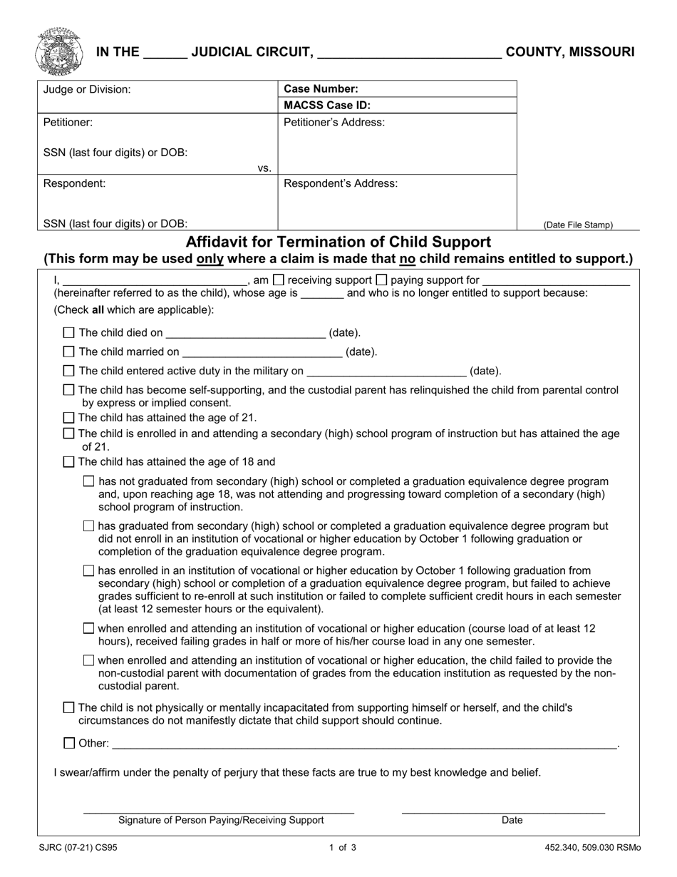Form CS95 Affidavit for Termination of Child Support - Missouri, Page 1