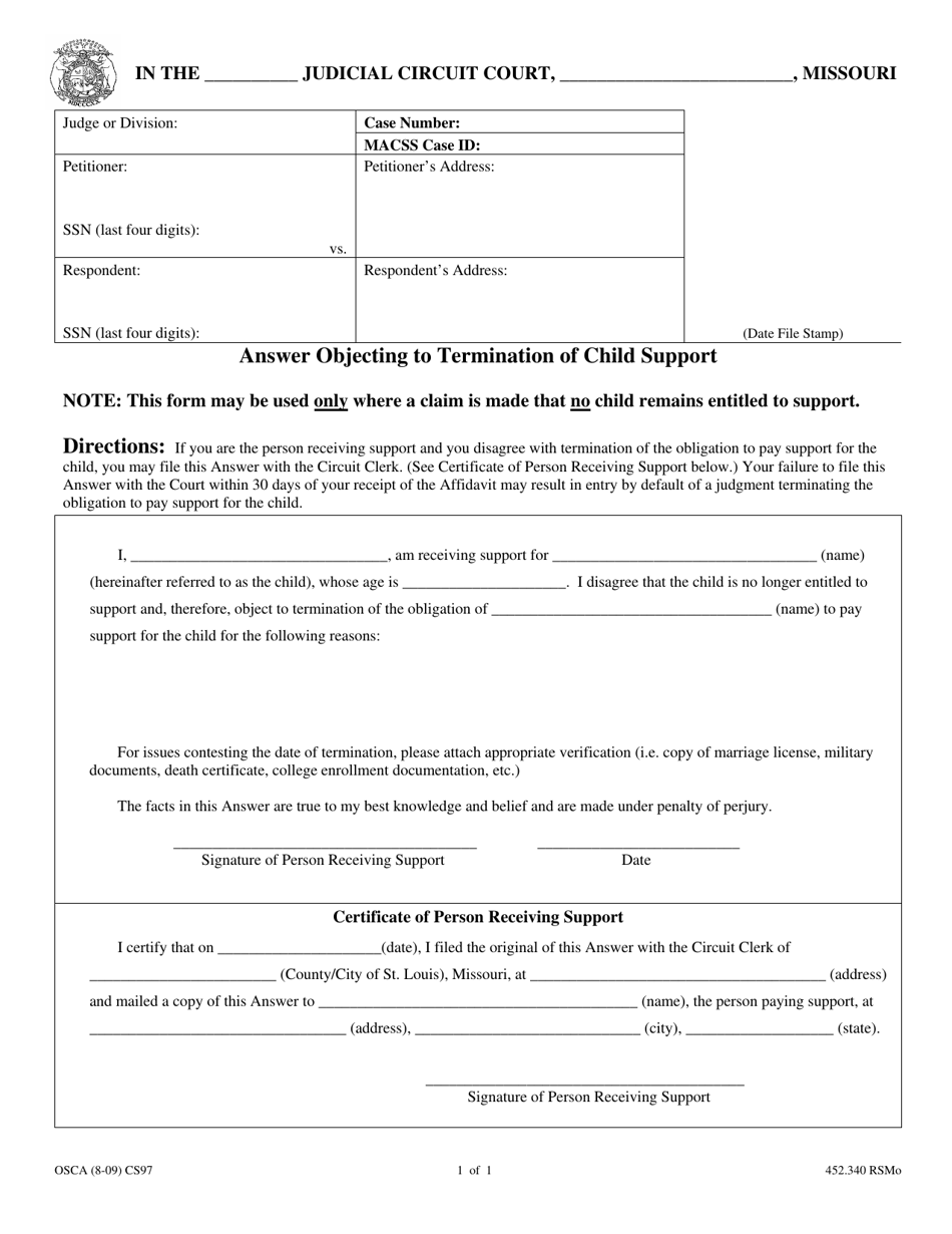 Form CS97 Answer Objecting to Termination of Child Support - Missouri, Page 1