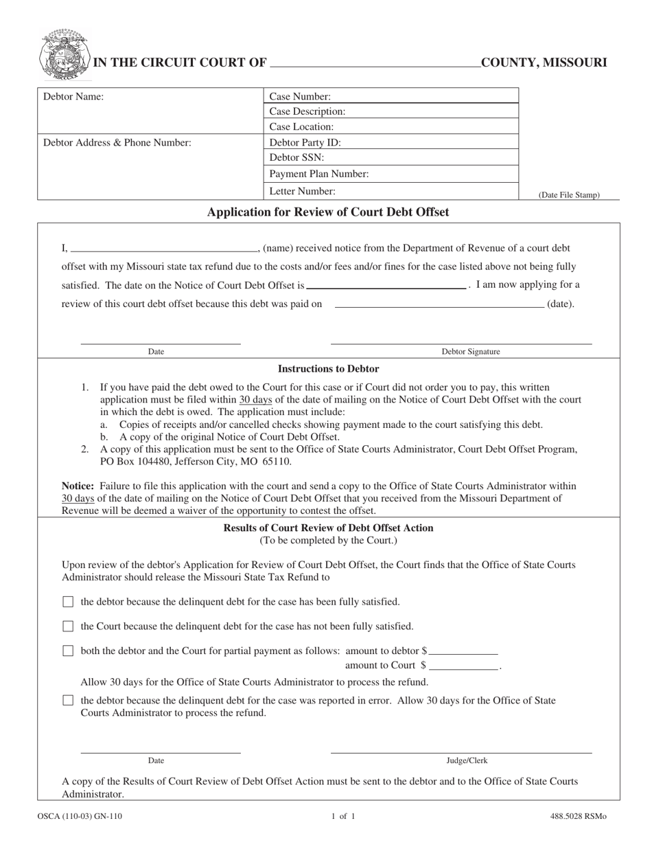 Form GN-110 Application for Review of Court Debt Offset - Missouri, Page 1