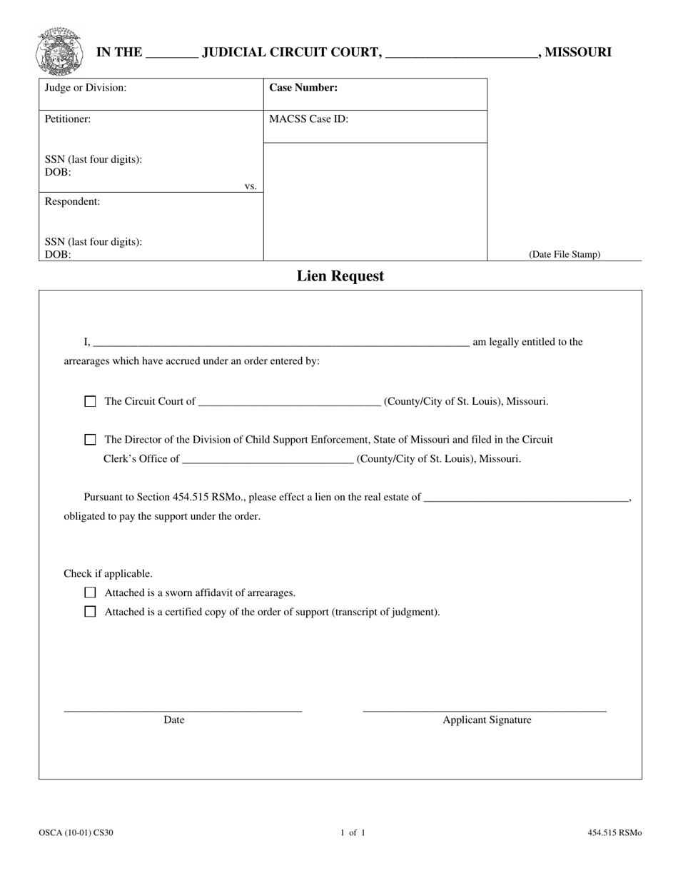 Form CS30 Lien Request - Missouri, Page 1