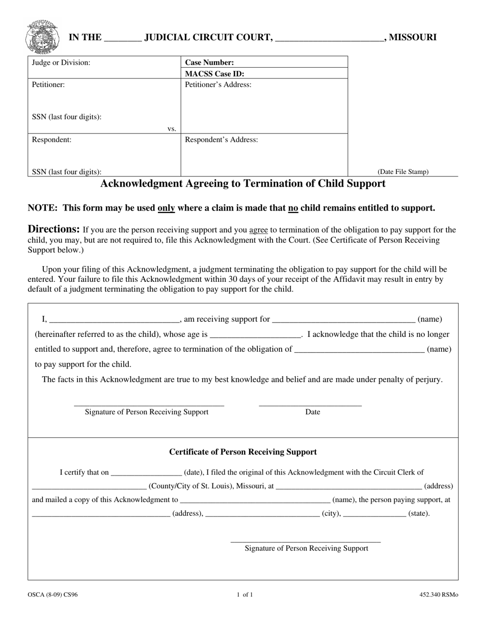 Form CS96 Acknowledgment Agreeing to Termination of Child Support - Missouri, Page 1