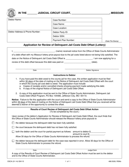 Form GN115 Application for Review of Delinquent Jail Costs Debt Offset (Lottery) - Missouri