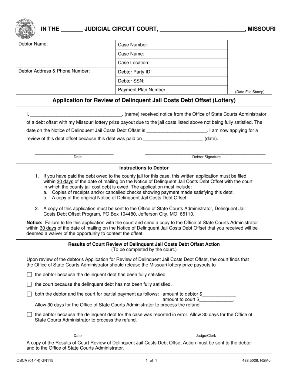 Form GN115 Application for Review of Delinquent Jail Costs Debt Offset (Lottery) - Missouri, Page 1
