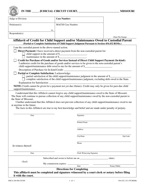 Form CS100 Affidavit of Credit for Child Support and/or Maintenance Owed to Custodial Parent - Missouri