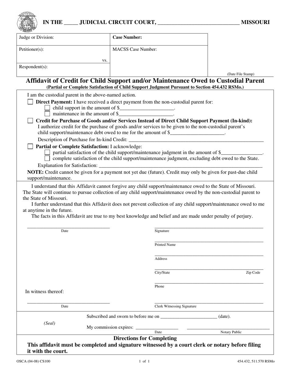 Form CS100 Affidavit of Credit for Child Support and / or Maintenance Owed to Custodial Parent - Missouri, Page 1