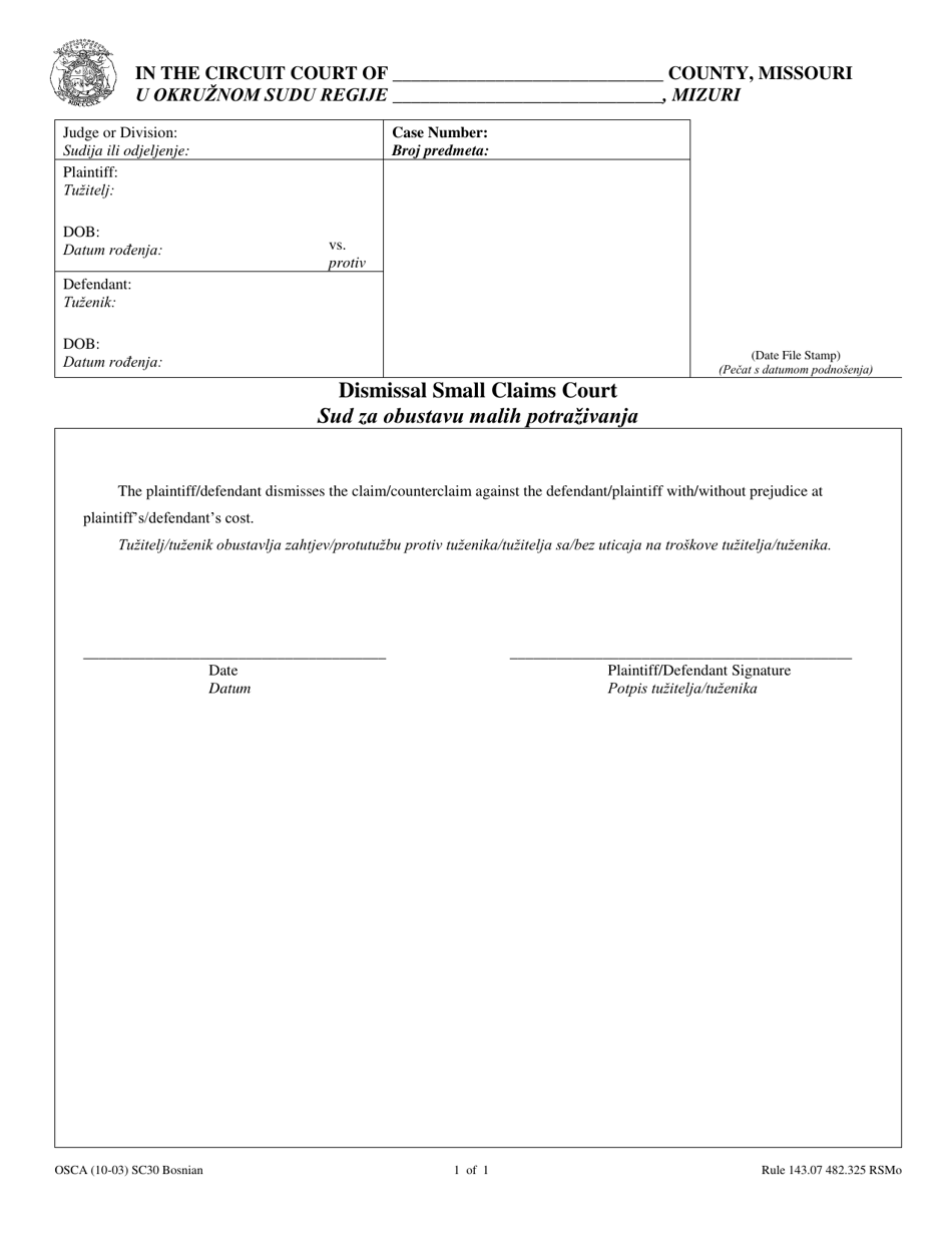 Form SC30 Dismissal Small Claims Court - Missouri (English / Bosnian), Page 1