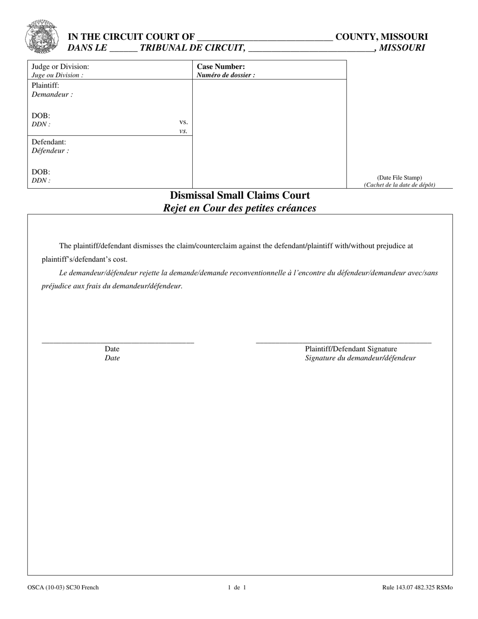 Form SC30 Satisfaction of Judgement - Small Claims Court - Missouri (English / French), Page 1