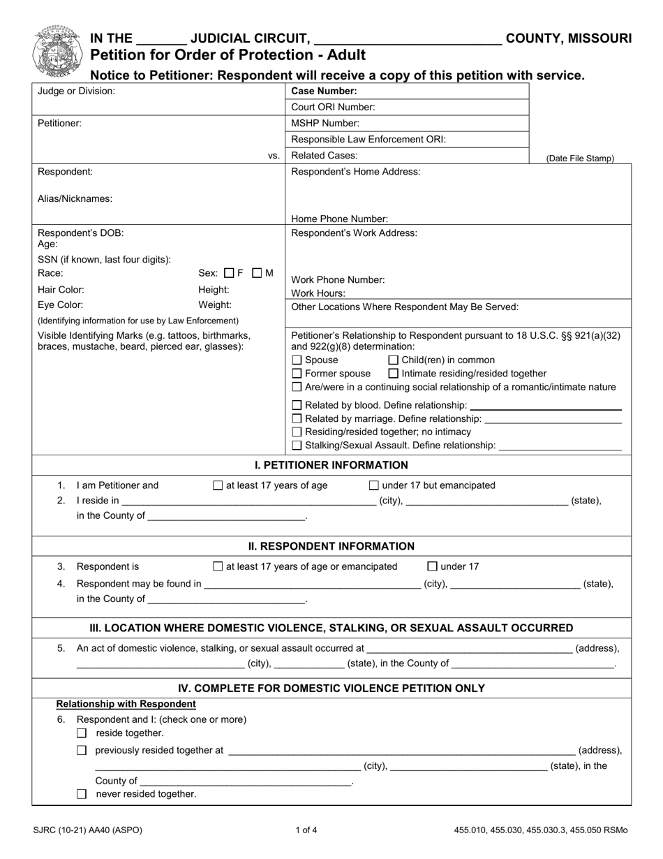 Form AA40 Petition for Order of Protection - Adult - Missouri, Page 1