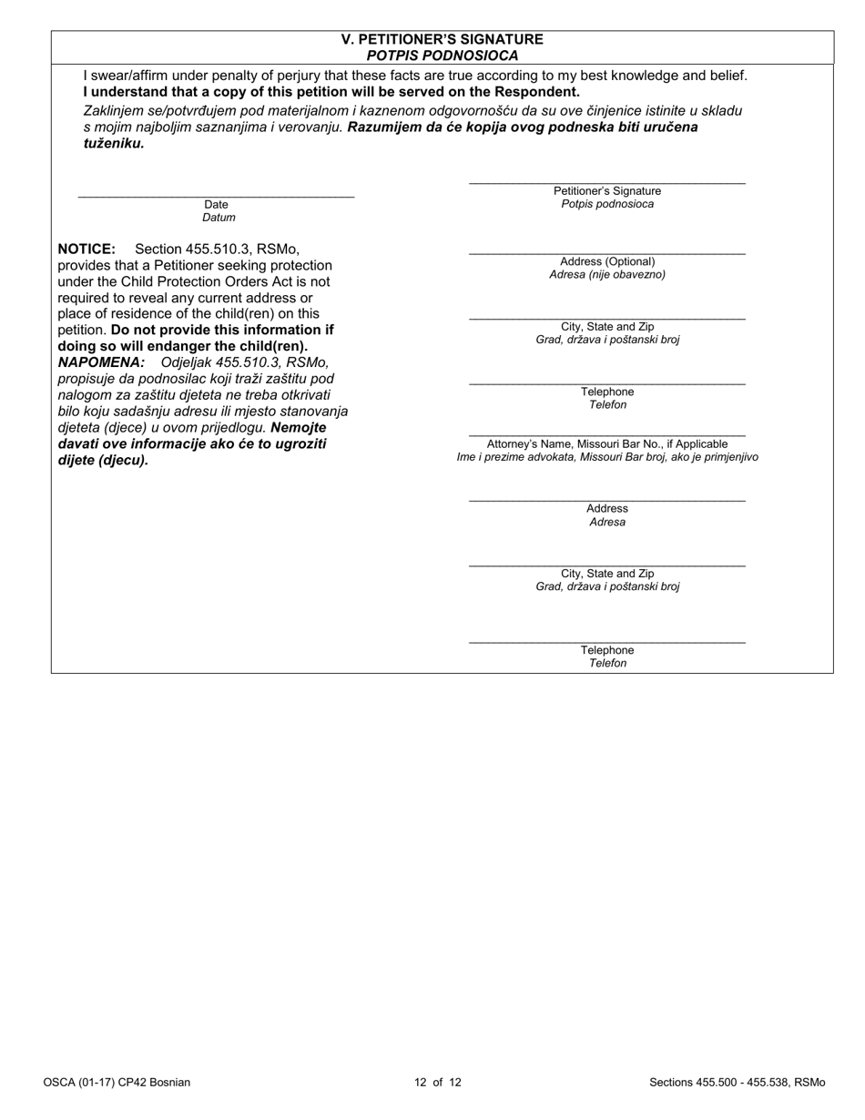 Form CP42 Petition for Order of Protection - Child - Missouri (English / Bosnian), Page 12