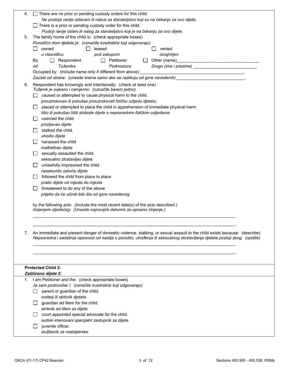 Form CP42 Petition for Order of Protection - Child - Missouri (English / Bosnian), Page 3