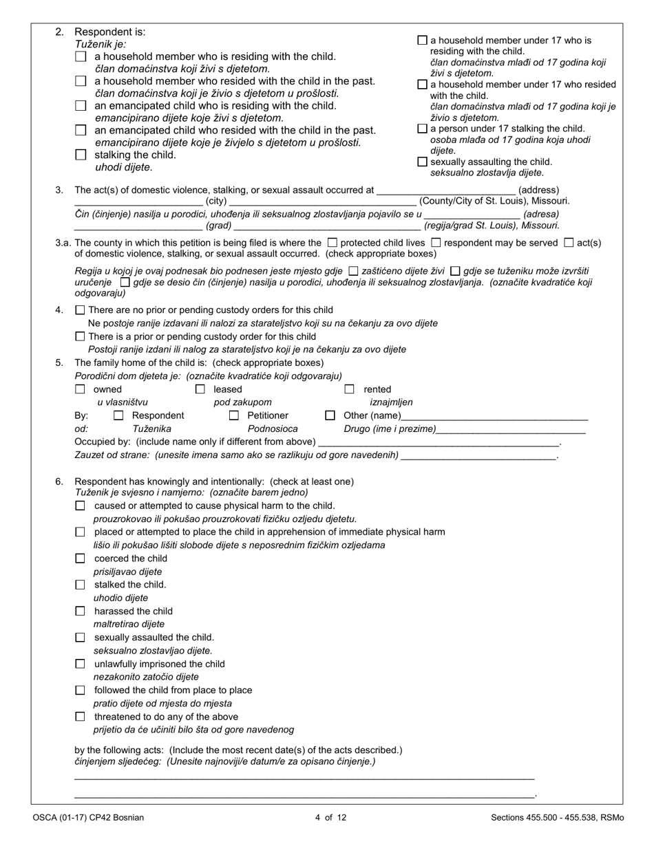 Form CP42 Petition for Order of Protection - Child - Missouri (English / Bosnian), Page 4