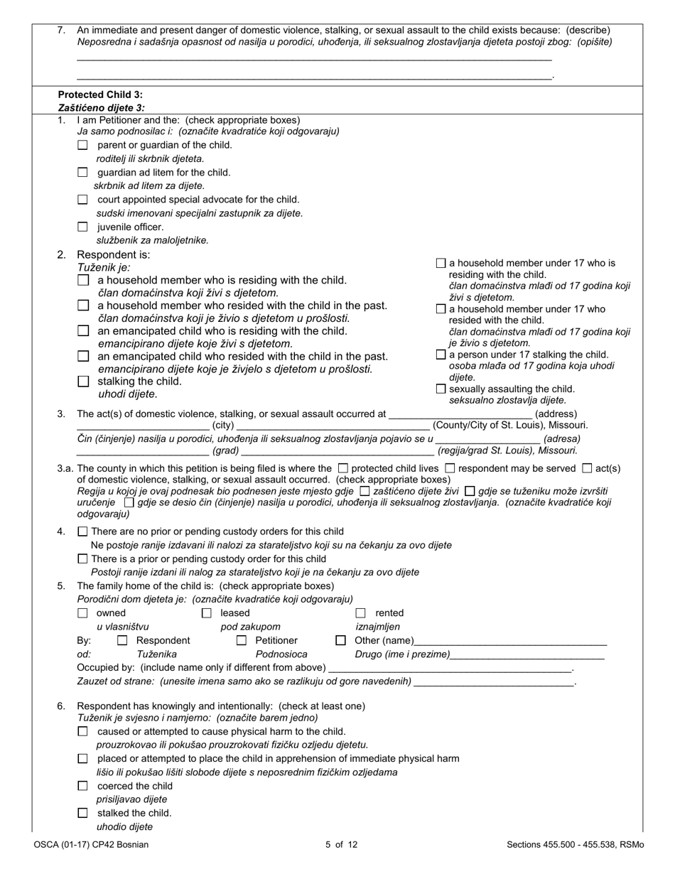 Form CP42 Petition for Order of Protection - Child - Missouri (English / Bosnian), Page 5