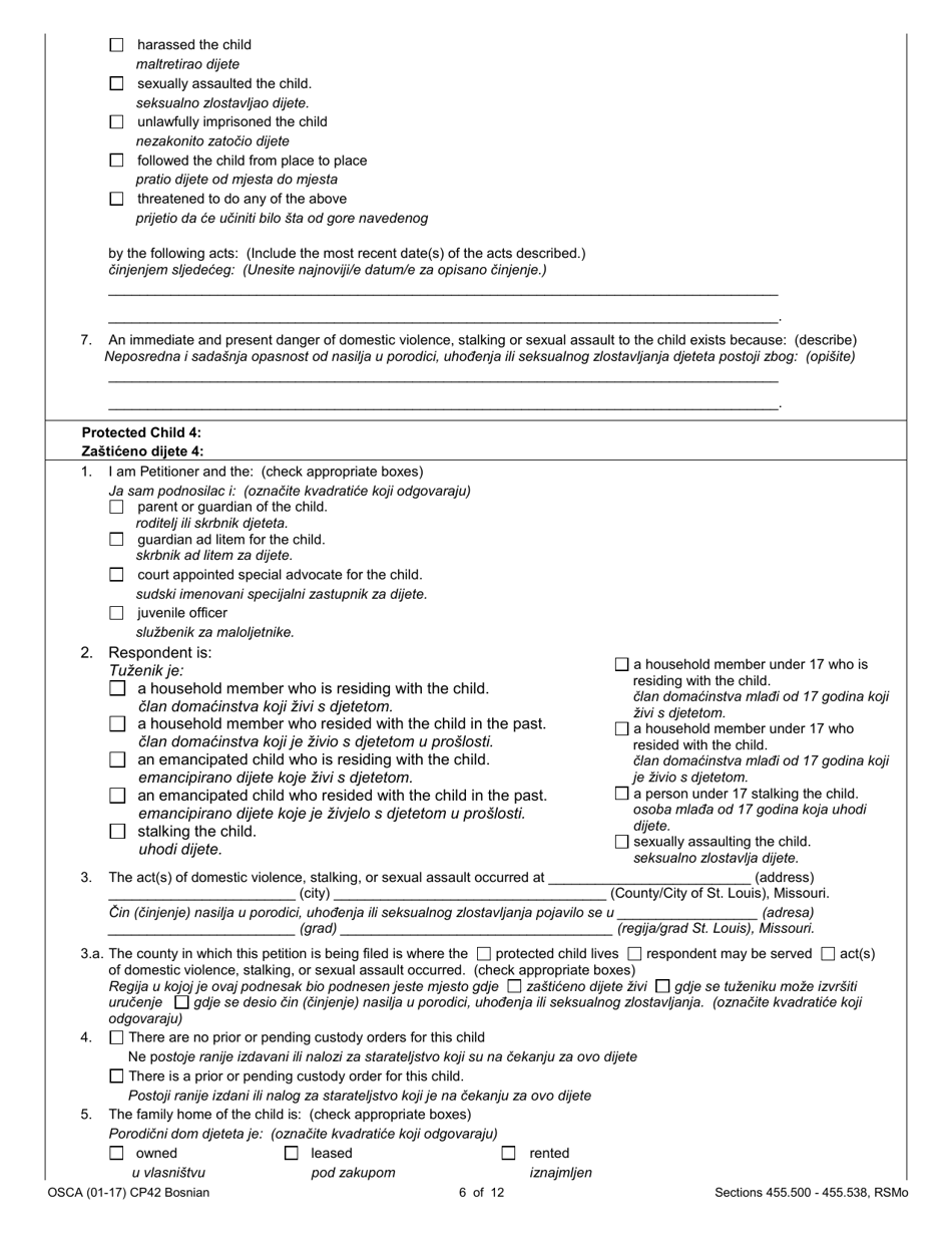 Form CP42 Petition for Order of Protection - Child - Missouri (English / Bosnian), Page 6