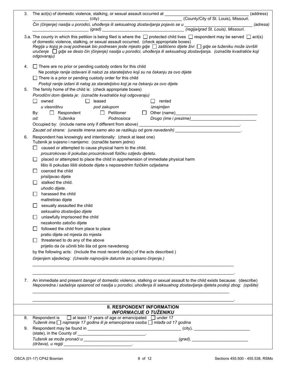 Form CP42 Petition for Order of Protection - Child - Missouri (English / Bosnian), Page 8