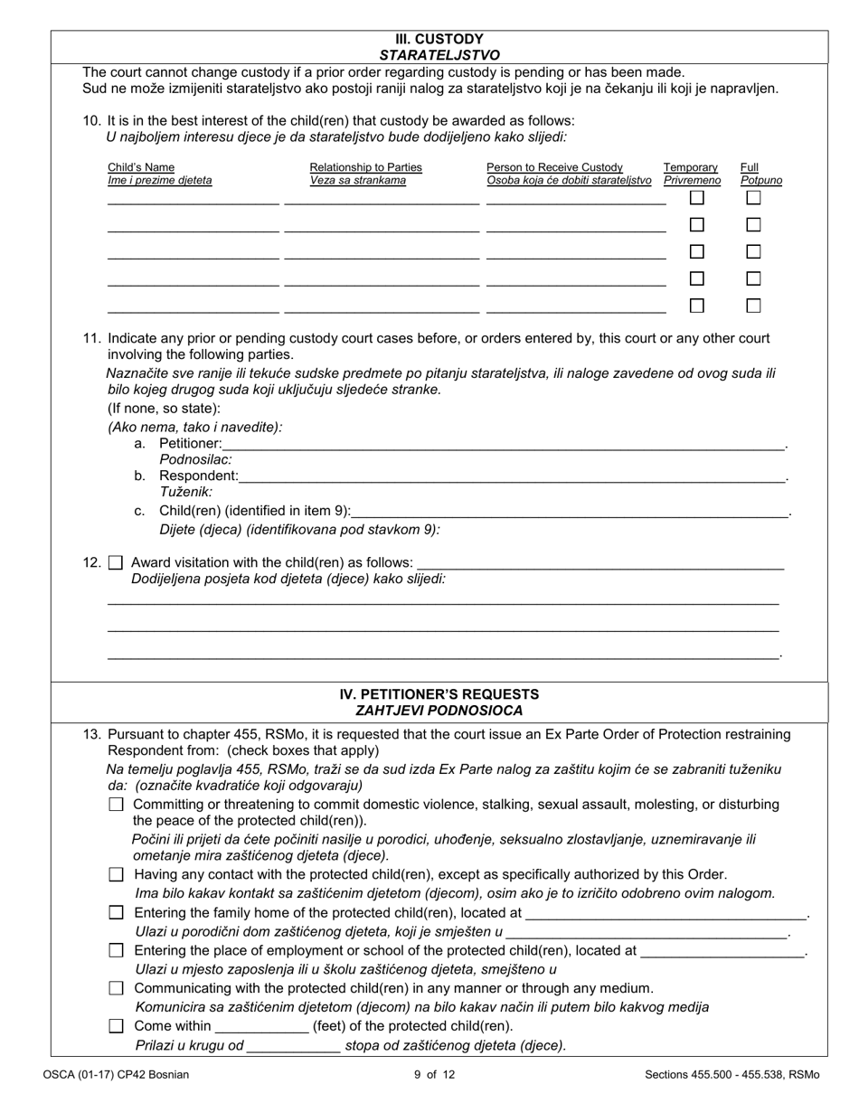 Form CP42 Petition for Order of Protection - Child - Missouri (English / Bosnian), Page 9