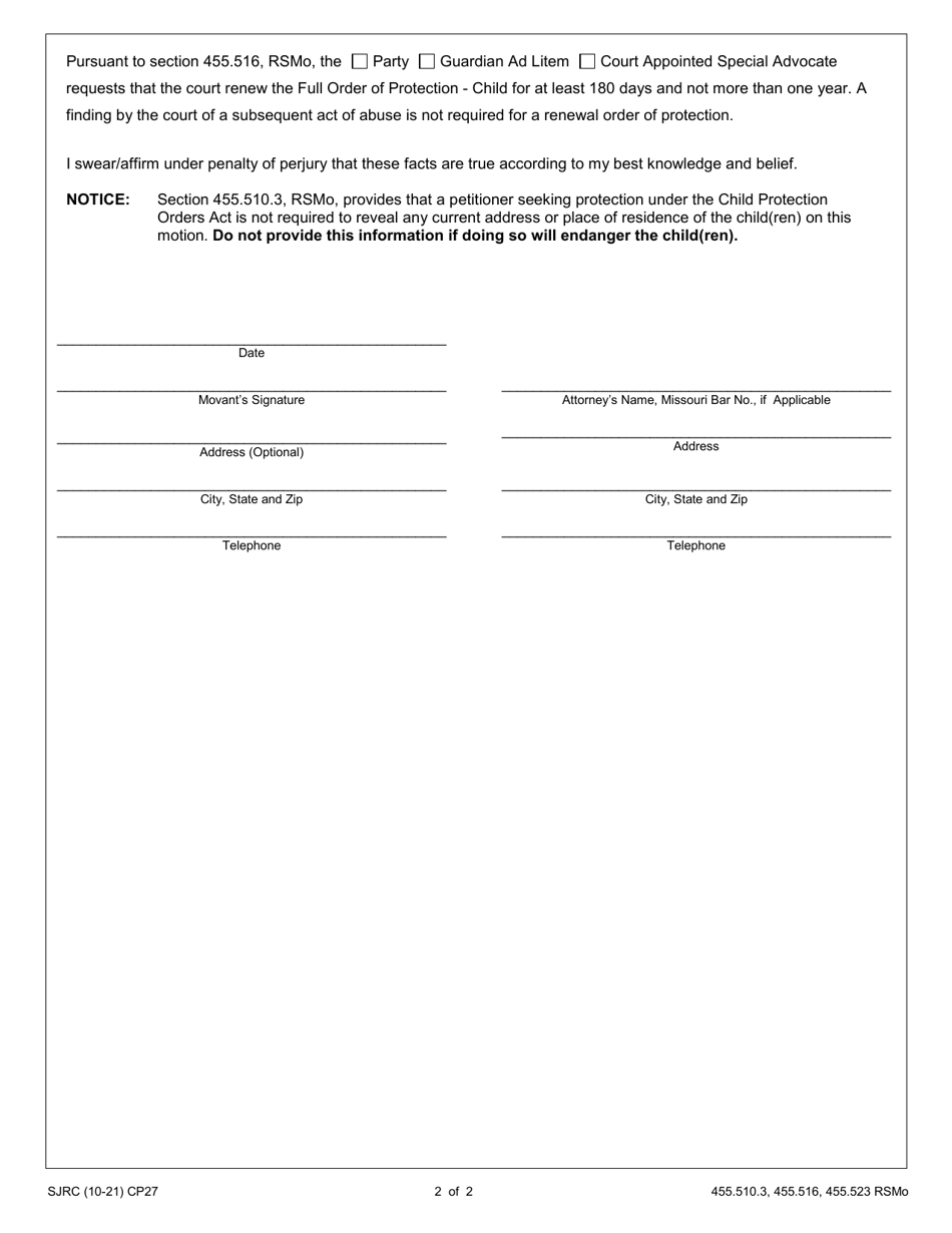 Form CP27 Motion for Renewal of Full Order of Protection - Child - Missouri, Page 2