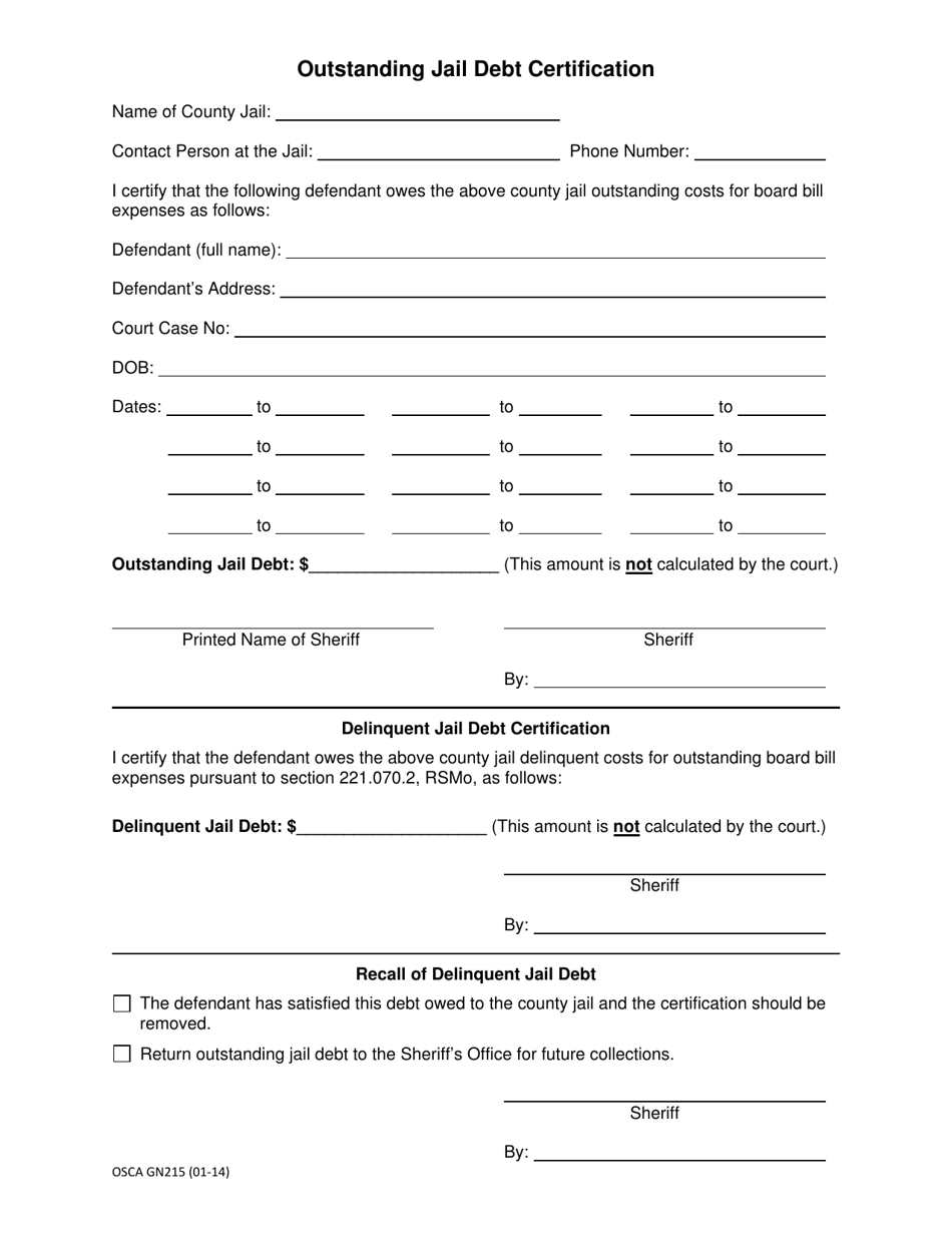 Form GN215 Outstanding Jail Debt Certification - Missouri, Page 1