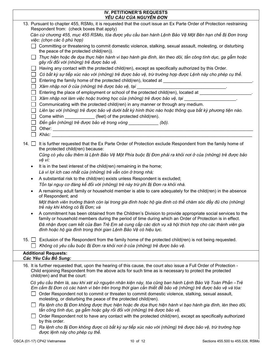 Form CP42 Petition for Order of Protection - Child - Missouri (English / Vietnamese), Page 10