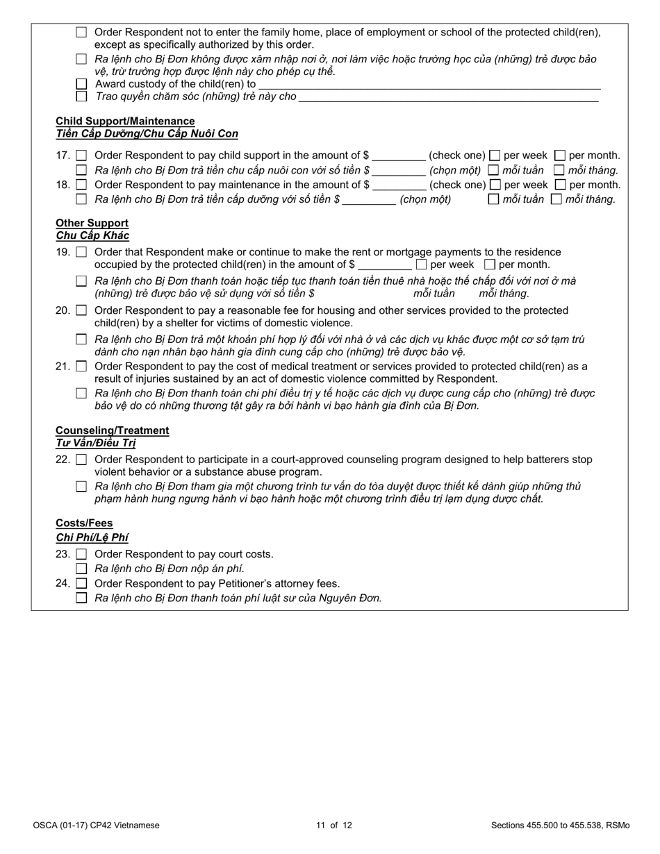 Form CP42 Petition for Order of Protection - Child - Missouri (English / Vietnamese), Page 11