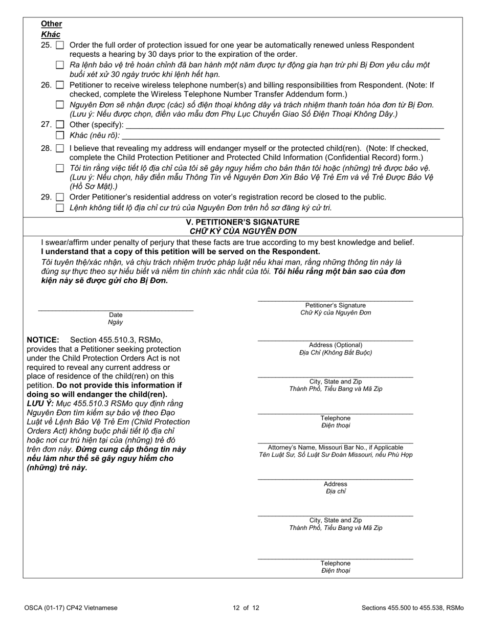 Form CP42 Petition for Order of Protection - Child - Missouri (English / Vietnamese), Page 12