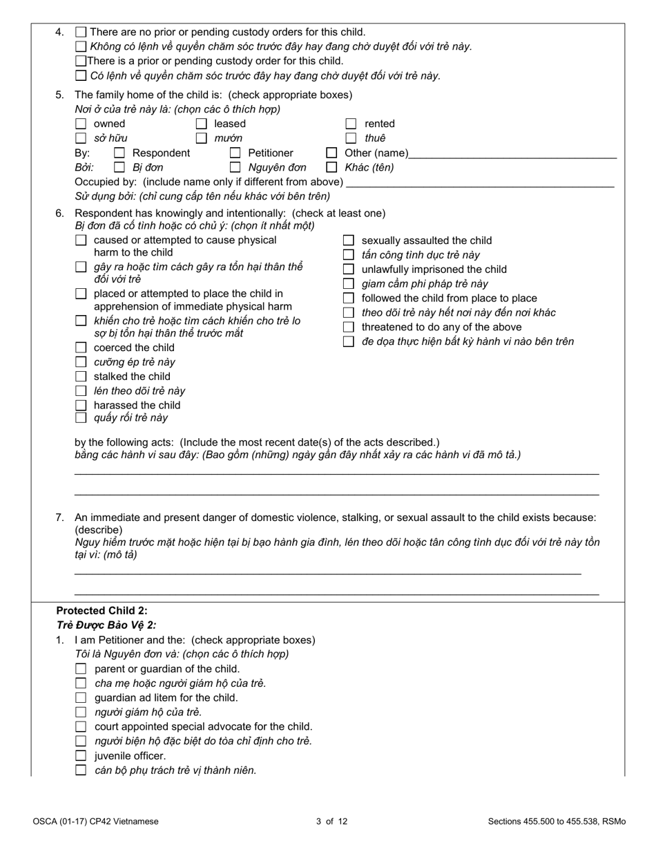 Form CP42 Petition for Order of Protection - Child - Missouri (English / Vietnamese), Page 3