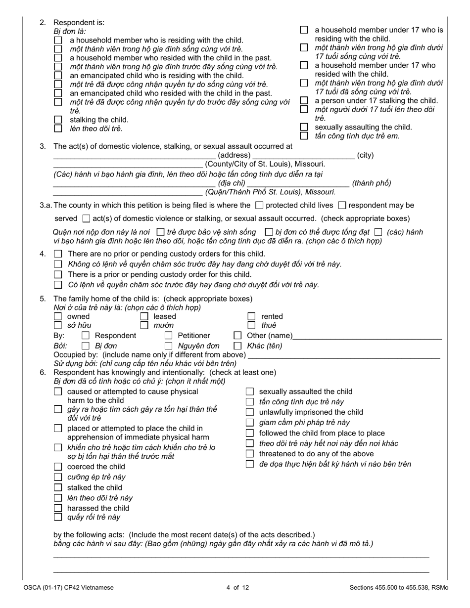 Form CP42 Petition for Order of Protection - Child - Missouri (English / Vietnamese), Page 4