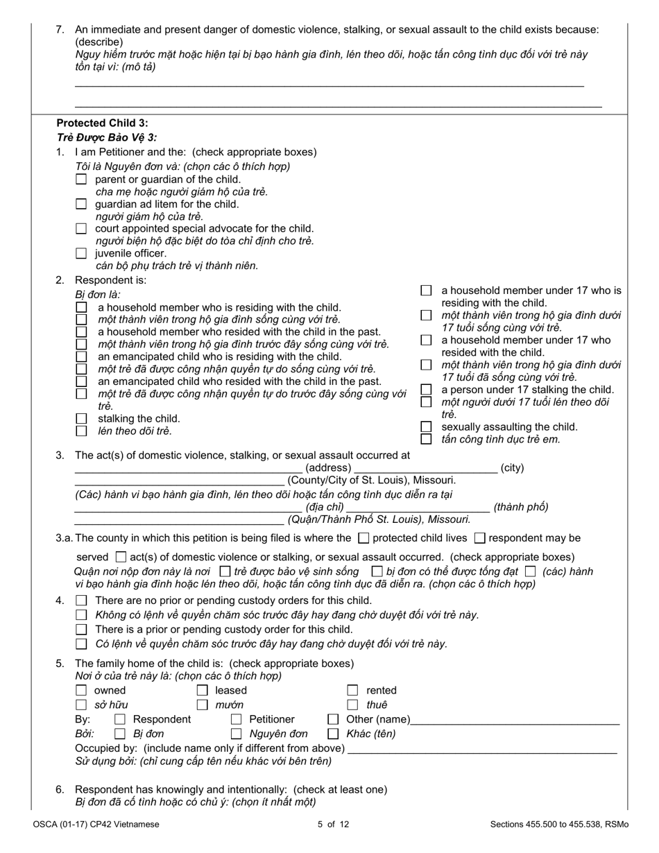 Form CP42 Petition for Order of Protection - Child - Missouri (English / Vietnamese), Page 5
