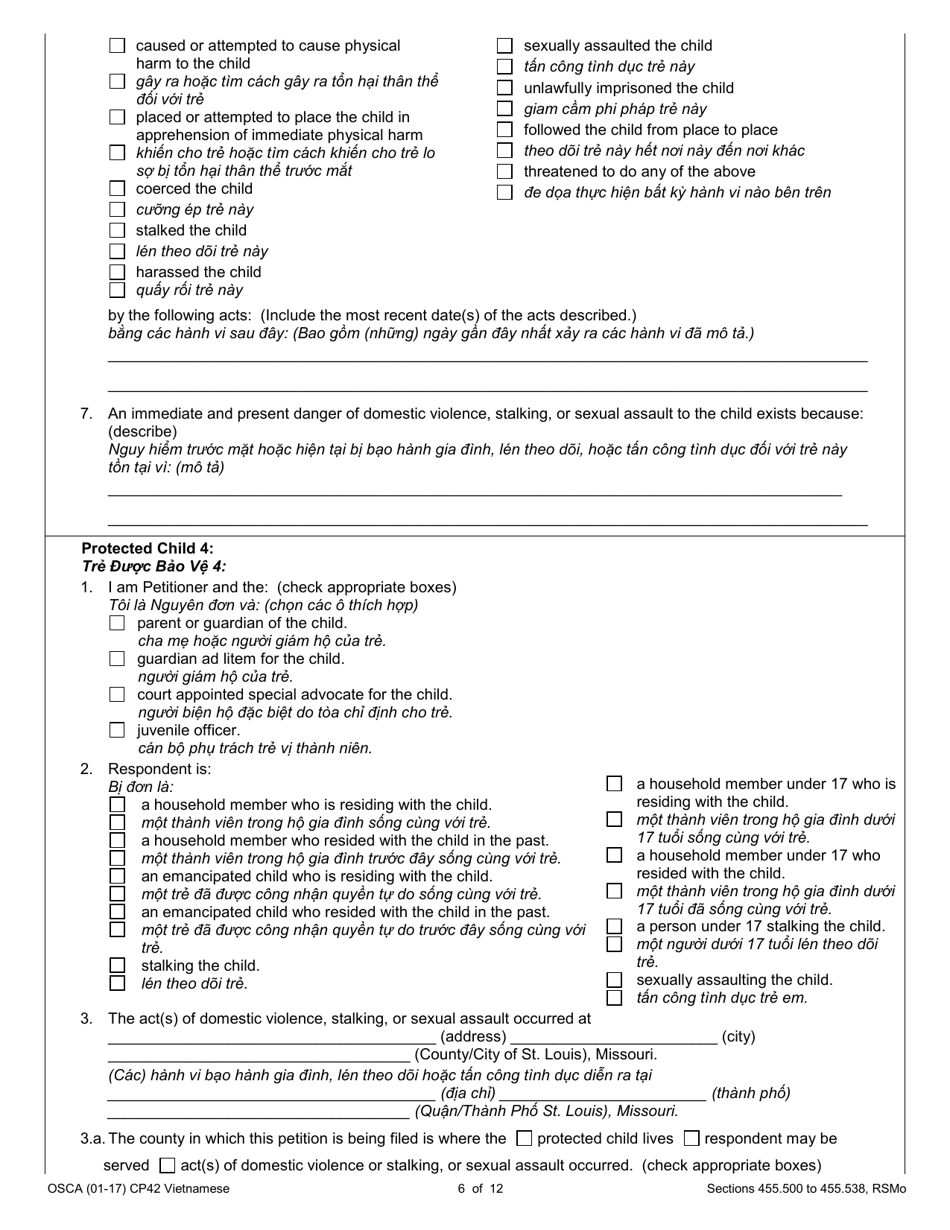 Form CP42 Petition for Order of Protection - Child - Missouri (English / Vietnamese), Page 6