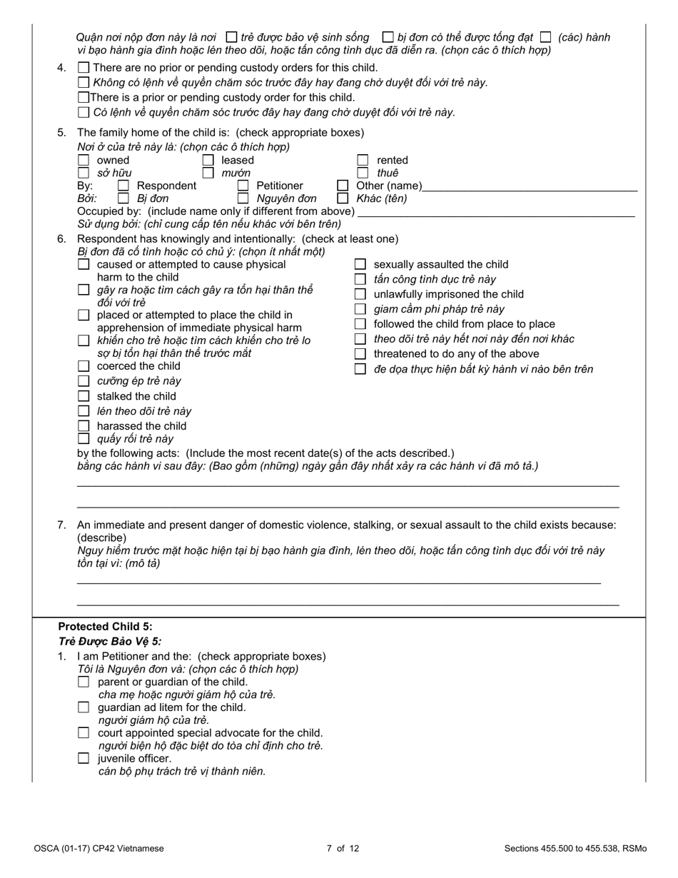Form CP42 Petition for Order of Protection - Child - Missouri (English / Vietnamese), Page 7