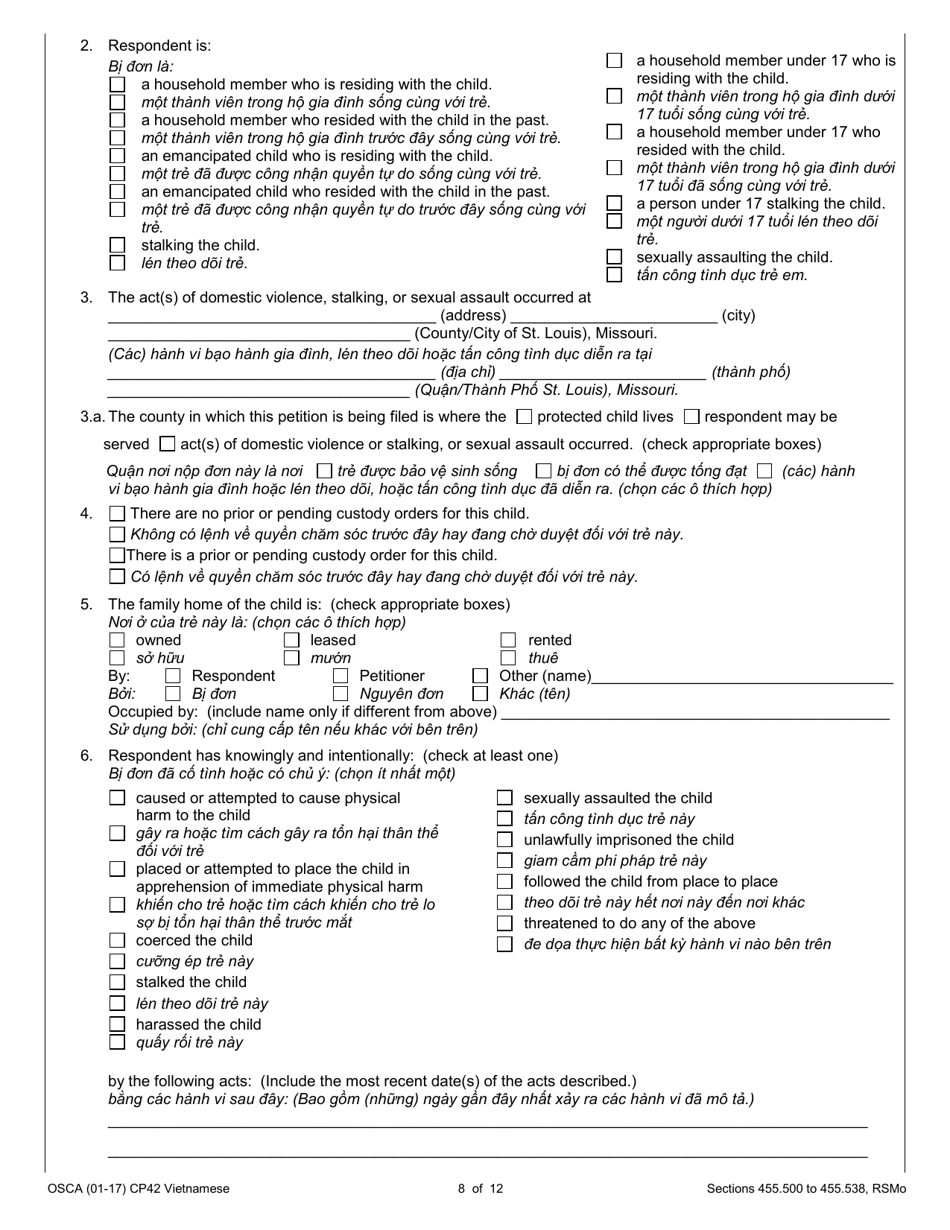 Form CP42 Petition for Order of Protection - Child - Missouri (English / Vietnamese), Page 8