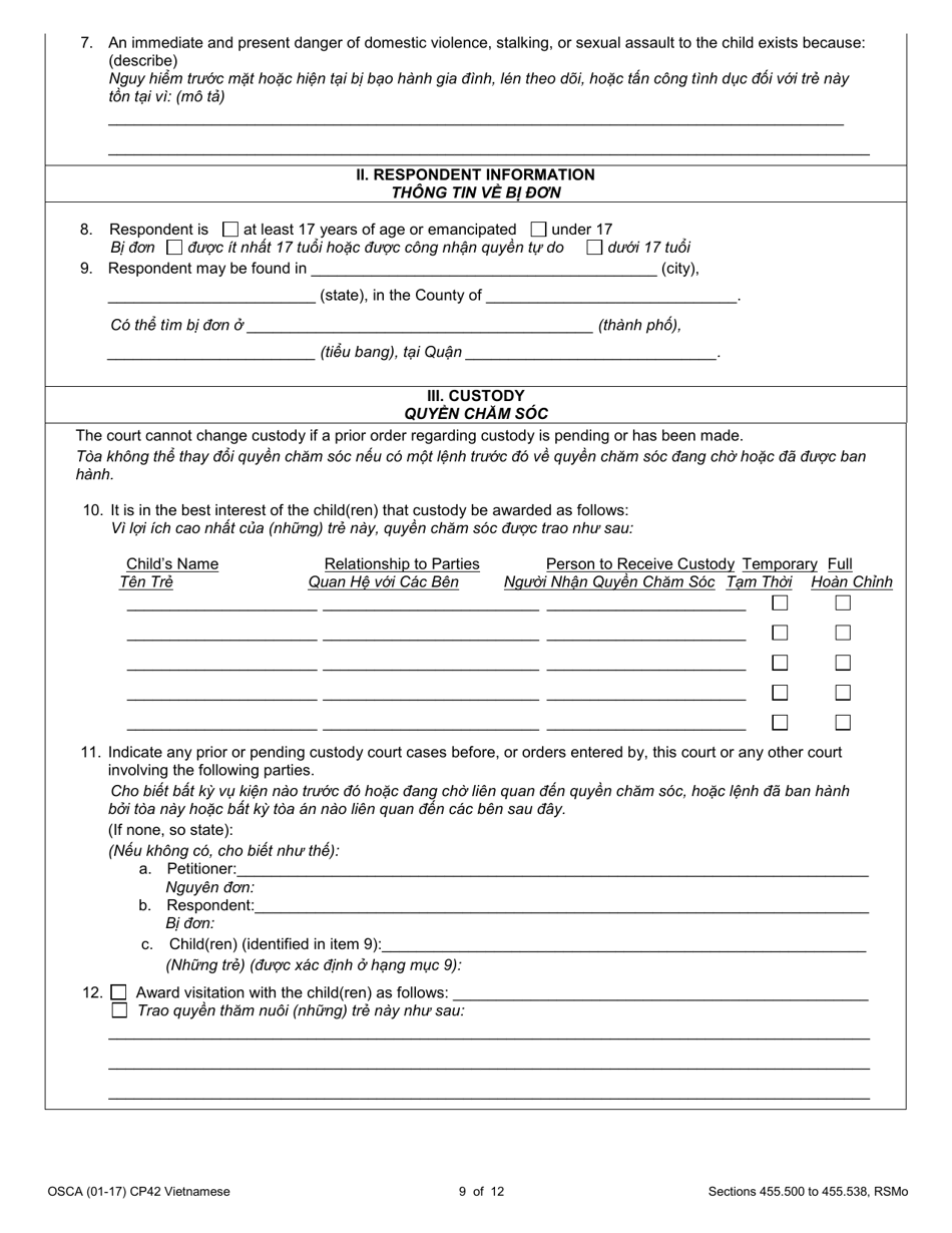 Form CP42 Petition for Order of Protection - Child - Missouri (English / Vietnamese), Page 9