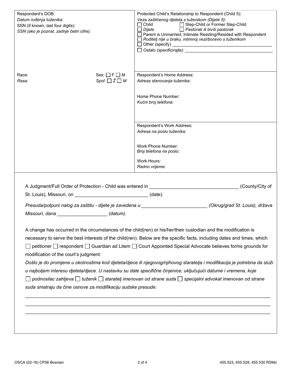Form CP56 Affidavit of Changes in Circumstance and Motion to Modify Judgment / Full Order of Protection - Child - Missouri (English / Bosnian), Page 2