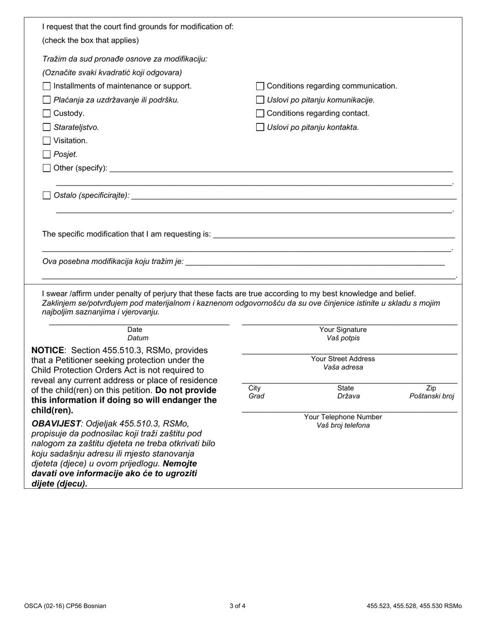 Form CP56 Affidavit of Changes in Circumstance and Motion to Modify Judgment / Full Order of Protection - Child - Missouri (English / Bosnian), Page 3