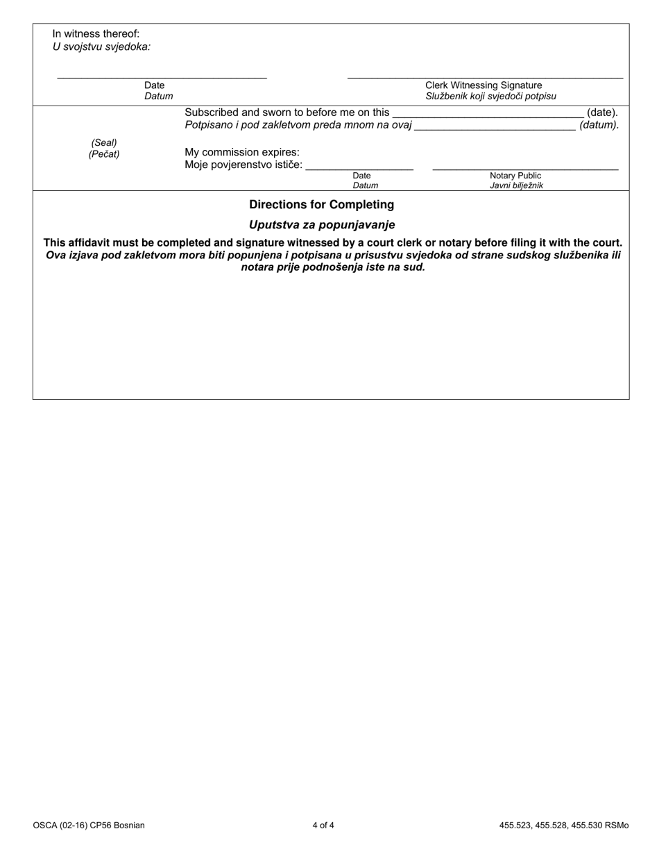Form CP56 Affidavit of Changes in Circumstance and Motion to Modify Judgment / Full Order of Protection - Child - Missouri (English / Bosnian), Page 4