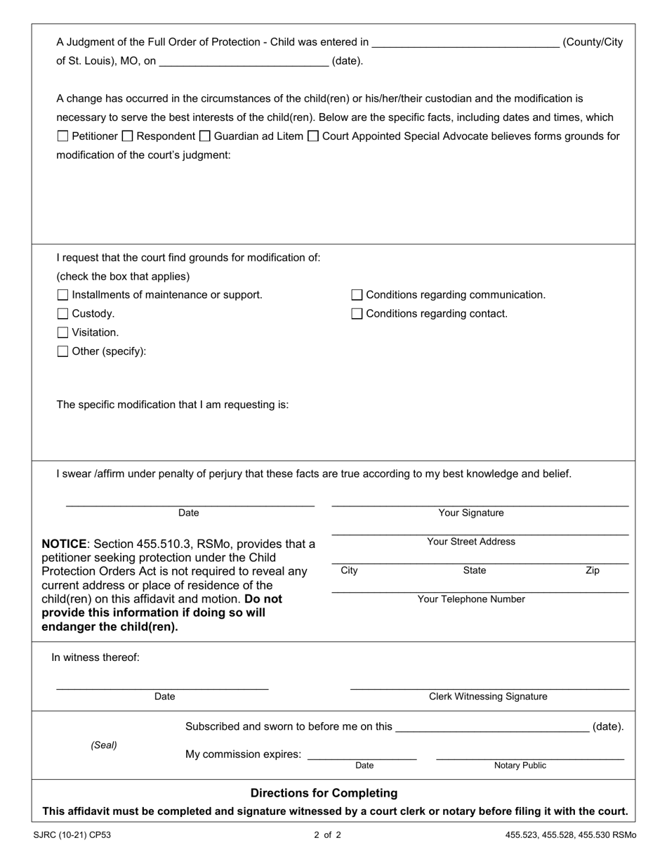 Form CP53 Affidavit of Changes in Circumstance and Motion to Modify Judgment / Full Order of Protection - Child - Missouri, Page 2
