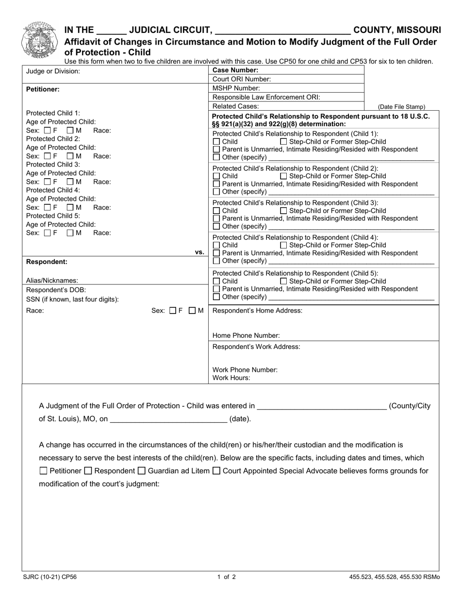 Form CP56 Affidavit of Changes in Circumstance and Motion to Modify Judgment of the Full Order of Protection - Child - Missouri, Page 1