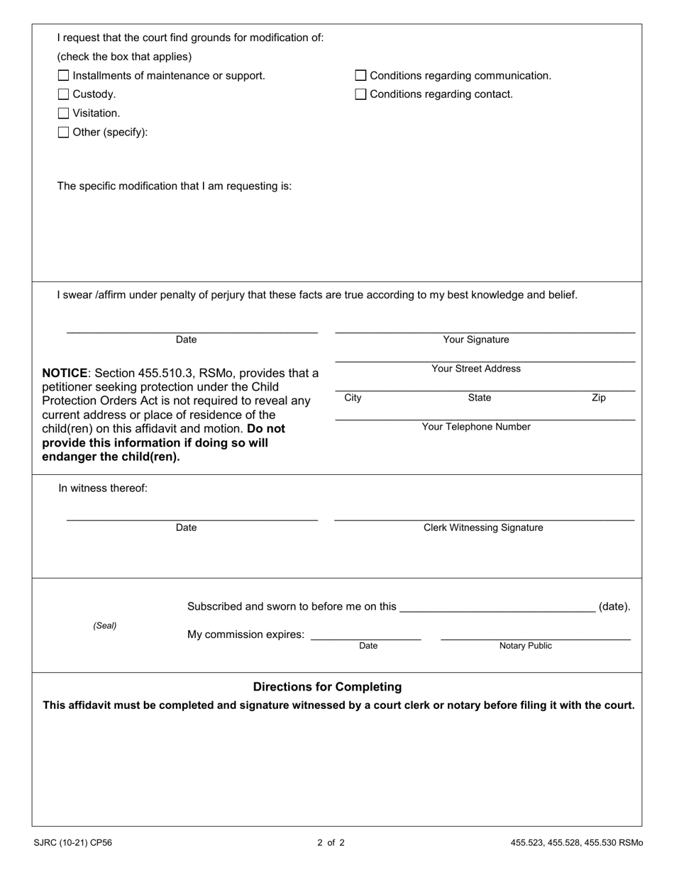 Form CP56 Affidavit of Changes in Circumstance and Motion to Modify Judgment of the Full Order of Protection - Child - Missouri, Page 2