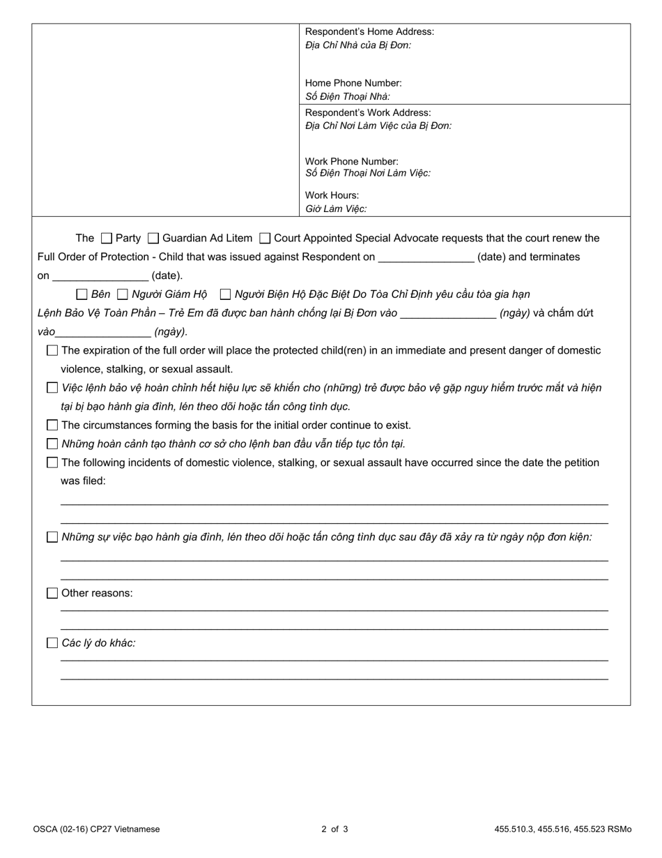 Form CP27 Motion for Renewal of Full Order of Protection - Child - Missouri (English / Vietnamese), Page 2