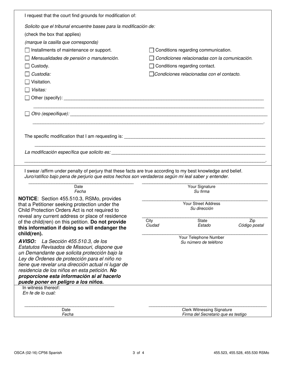Form CP56 Affidavit of Changes in Circumstance and Motion to Modify Judgment / Full Order of Protection - Child - Missouri (English / Spanish), Page 3