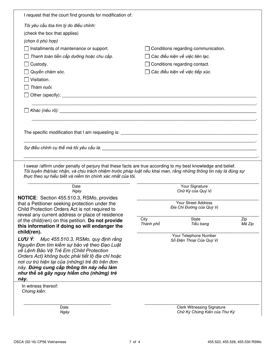 Form CP56 Affidavit of Changes in Circumstance and Motion to Modify Judgment / Full Order of Protection - Child - Missouri (English / Vietnamese), Page 3