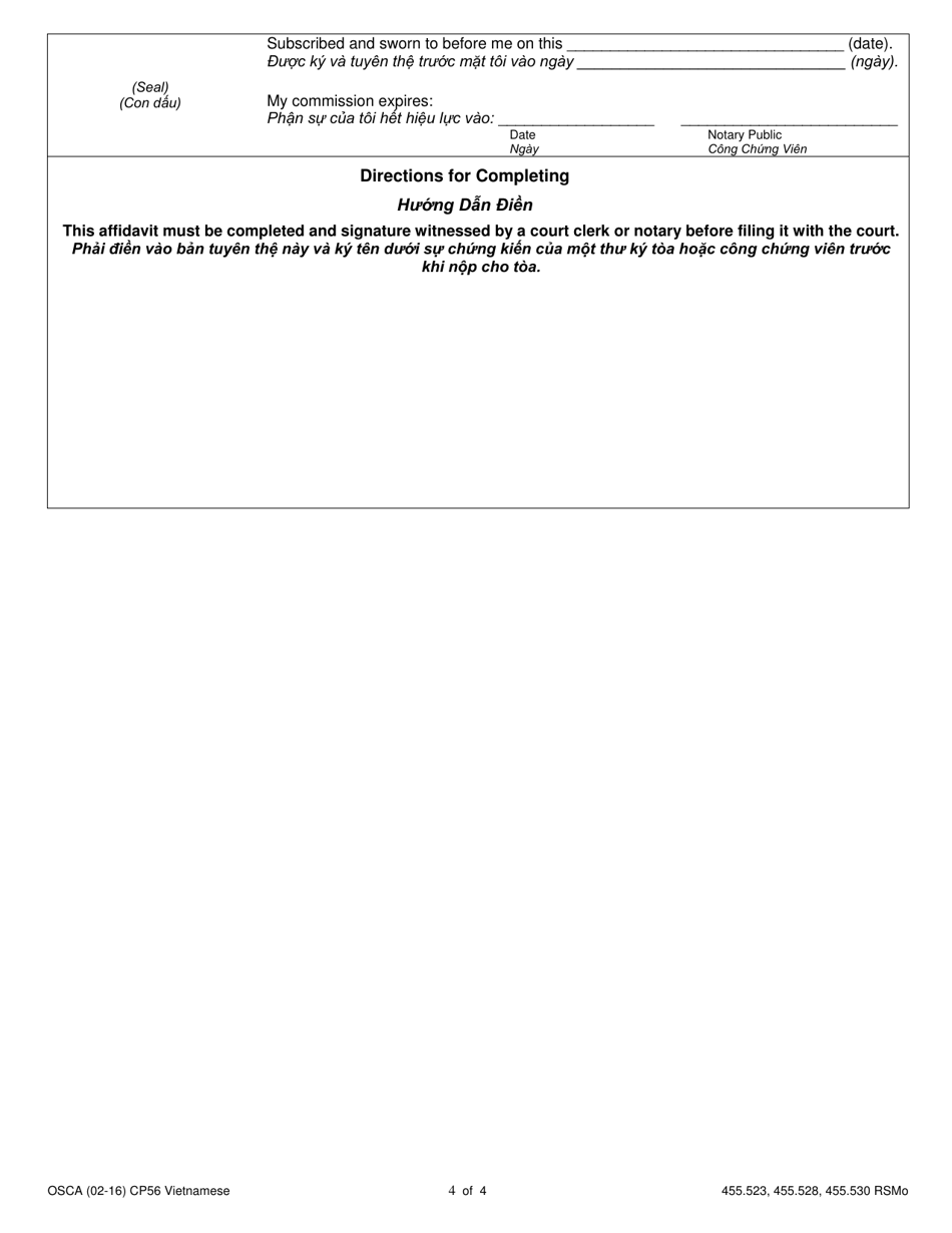 Form CP56 Affidavit of Changes in Circumstance and Motion to Modify Judgment / Full Order of Protection - Child - Missouri (English / Vietnamese), Page 4