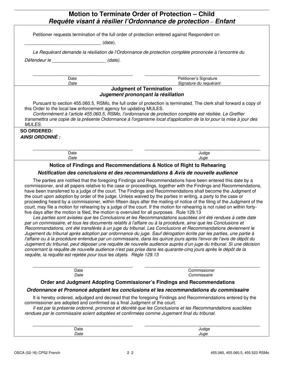 Form CP52 Affidavit of Changes in Circumstance and Motion to Modify Judgment / Full Order of Protection - Child - Missouri (English / French), Page 2