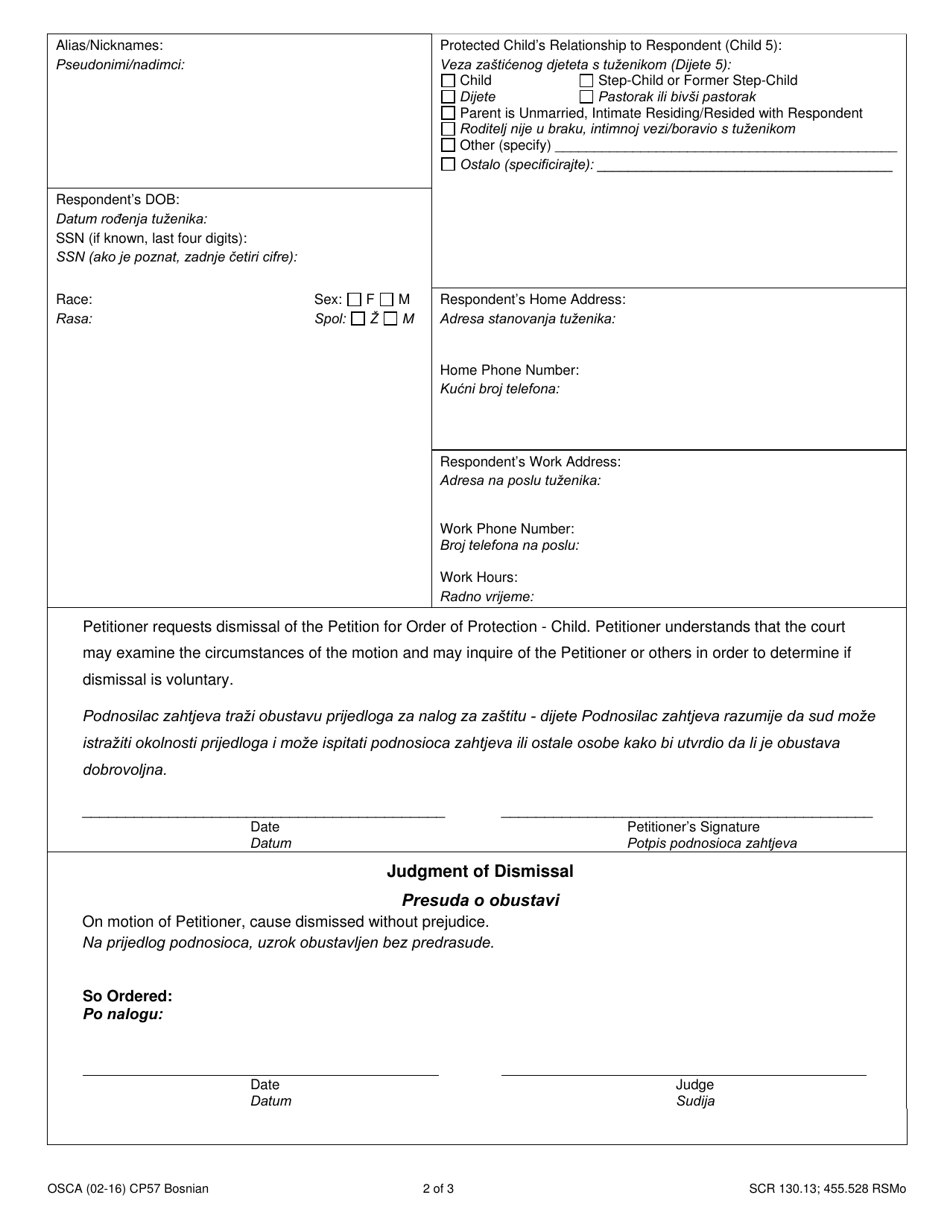 Form CP57 Request to Dismiss Petition for Order of Protection - Child - Missouri (English / Bosnian), Page 2