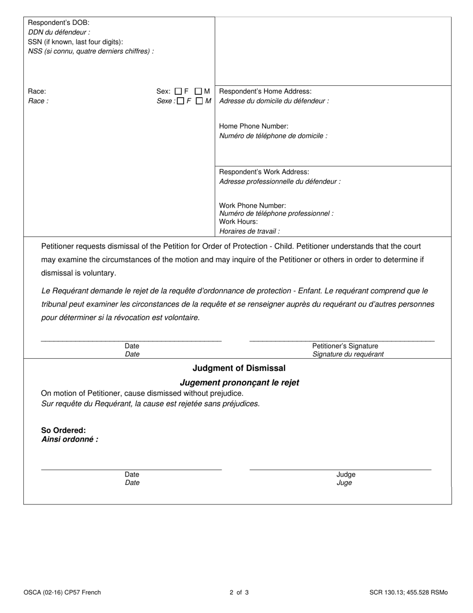 Form CP57 Request to Dismiss Petition for Order of Protection - Child - Missouri (English / French), Page 2