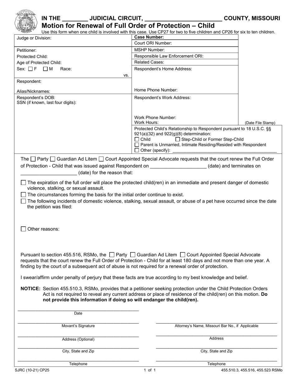 Form CP25 Motion for Renewal of Full Order of Protection - Child - Missouri, Page 1